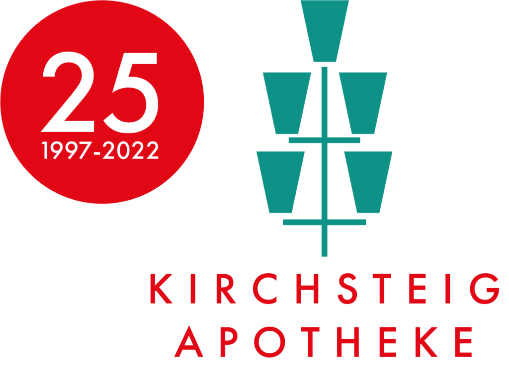 Das Foto zeigt das Logo der Kirchsteigapotheke in Potsdam im Kirchsteigfeld zusammen mit dem Button 25 Jahre 1997 - 2022 anlässlich des Jubiläums.
