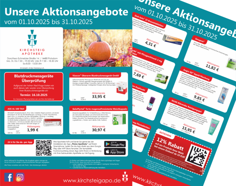 Das Bild zeigt den Aktionsflyer der Kirchsteig Apotheke im Oktober 2025.