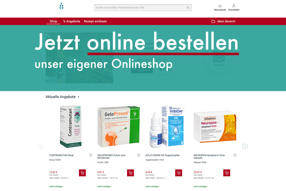Screenshot des Onlineshops der kirchsteigapotheke mit einem türkisen overlay und der Aufschrift "Jetzt online bestellen. Unser eigener Onlineshop"