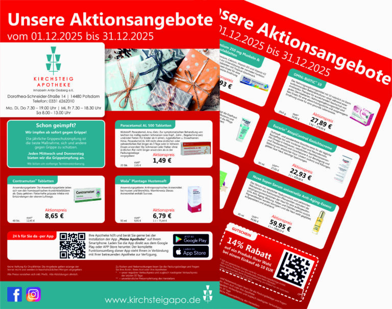 Das Bild zeigt den Aktionsflyer der Kirchsteig Apotheke im Dezember 2025.