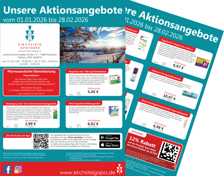 Das Bild zeigt den Aktionsflyer der Kirchsteig Apotheke im Januar und Februar 2026.