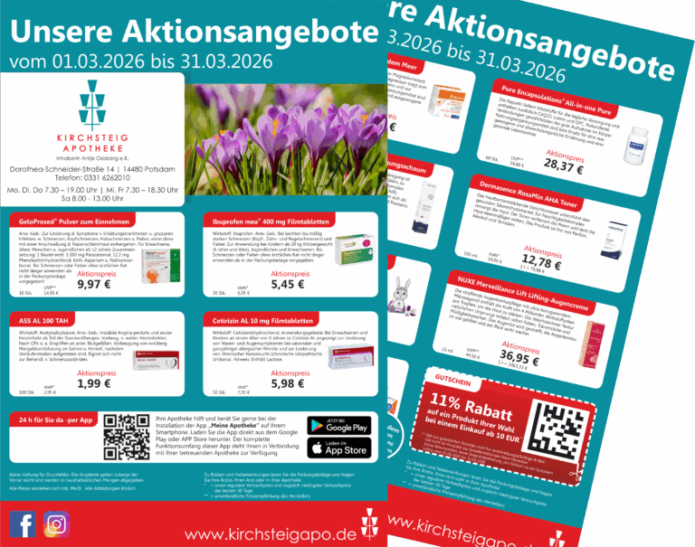Das Bild zeigt den Aktionsflyer der Kirchsteig Apotheke im März 2026.