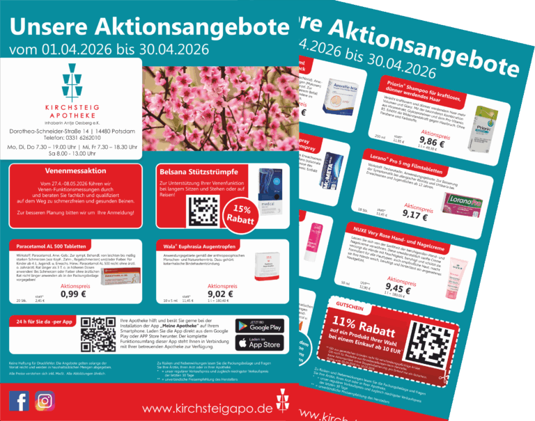 Das Bild zeigt den Aktionsflyer der Kirchsteig Apotheke im April 2026.