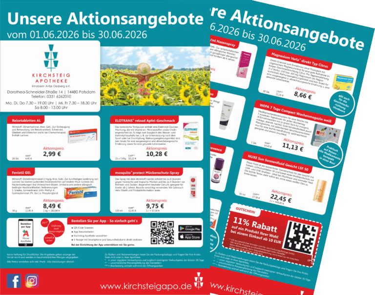 Das Bild zeigt den Aktionsflyer der Kirchsteig Apotheke im Juni 2026.