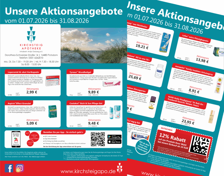 Das Bild zeigt den Aktionsflyer der Kirchsteig Apotheke im Juli/August 2026.