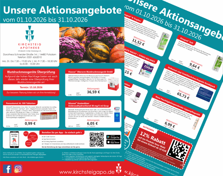 Das Bild zeigt den Aktionsflyer der Kirchsteig Apotheke im Oktober 2026.