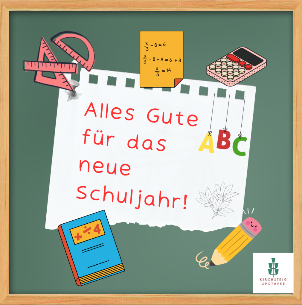 Das Bild zeigt eine Tafel und Schulsymbole als Zeichen für das neue Schuljahr.
